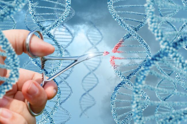 Hand inserts a molecule into DNA. Crisps/Cas 9 saks